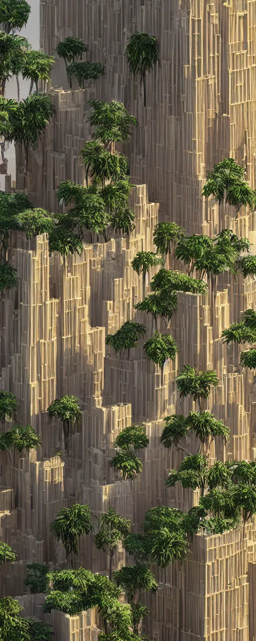 Prompt: maquette of eye level view of a contemporary tower, golden intricate details, stone facade, sacred architecture, hanging gardens, cascading highrise, arid mountains with lush palm forest, photorealistic, sunlight, 8 k, post - production, octane, cgi, sfx