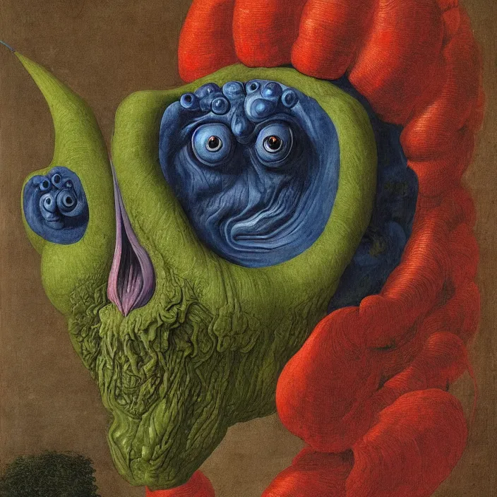 Image similar to close up portrait of a mutant monster creature with face in the shape of a colorful exotic dark blue carnivorous plant, snail - like protruding eyes. by jan van eyck, audubon