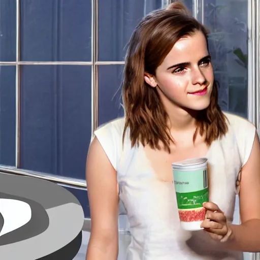 Prompt: yogurt that is also a portal to an alternate reality in which emma watson lives