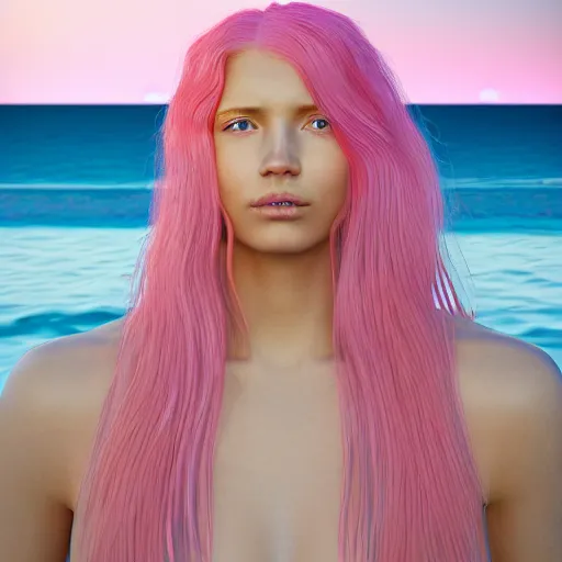 Image similar to Render of a beautiful 3d marbles with long pink hair, hazel eyes, cute freckles, full round face, golden hour, serene beach setting, medium shot, mid-shot, hyperdetailed, trending on Artstation, Unreal Engine 4k