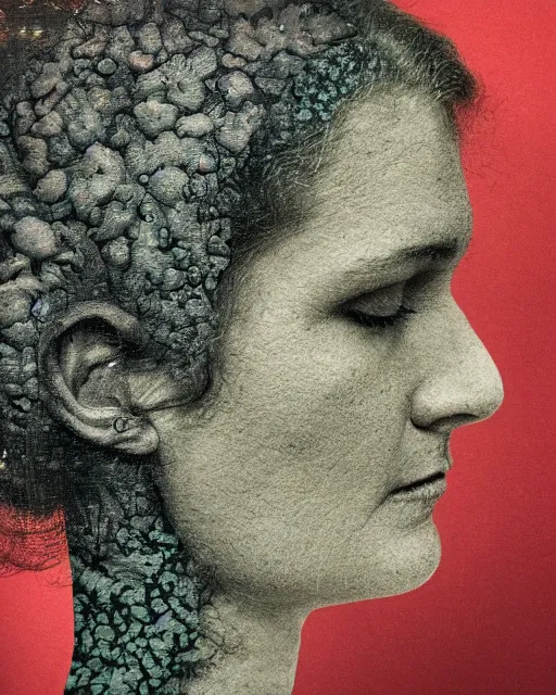 Prompt: a woman's face in profile, made of lichens, in the style of the dutch masters and gregory crewdson, dark and moody