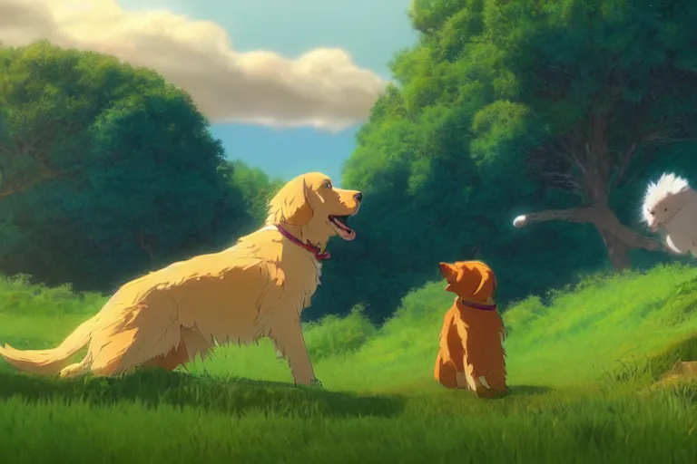 Prompt: a wholesome animation key shot of a golden retriever and a cat playing on a hill, medium shot, studio ghibli, pixar and disney animation, sharp, rendered in unreal engine 5, anime key art by greg rutkowski, bloom, dramatic lighting
