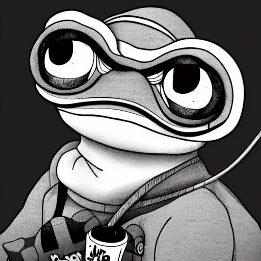 Image similar to a hyperrealistic portrait of pepe the frog, anime, cartoon style, vector art, ink, white background