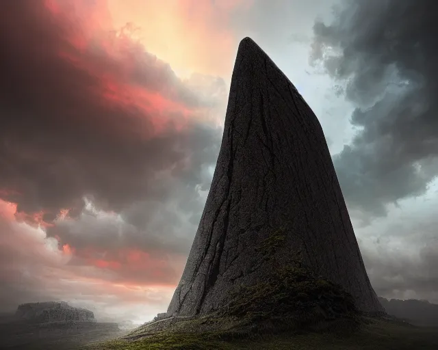 Image similar to monolithic black monolith standing above a stormy dark forest at sunset, illustration, by ( kieran yanner ) ( miranda meeks ) ( anna podedworna ) ( cristi balanescu ), digital art