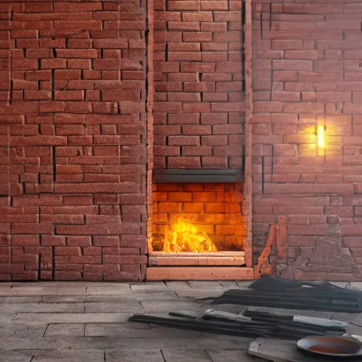 Image similar to wood fired bbq, brick construction, cosy, warm, yellow brick, artistic rendering 8k