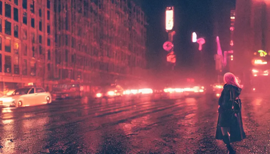 Image similar to street of new york, photography, night, rain, mist, a girl with pink hair, cinestill 8 0 0 t, in the style of william eggleston