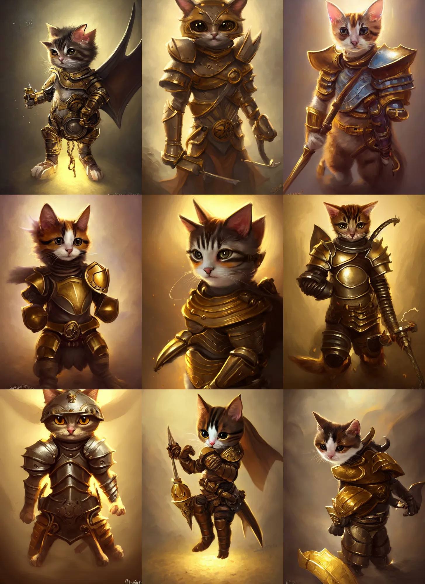 Prompt: A cute little anthropomorphic calico cat knight wearing gold body armor, joy, happy, adorable, short, baby animal, DnD character art portrait, ultra realistic, ultra detailed, cinematic lighting, epic lighting, volumetric light, DeviantArt Artstation, by Jason Felix by Steve Argyle by Tyler Jacobson by Peter Mohrbacher