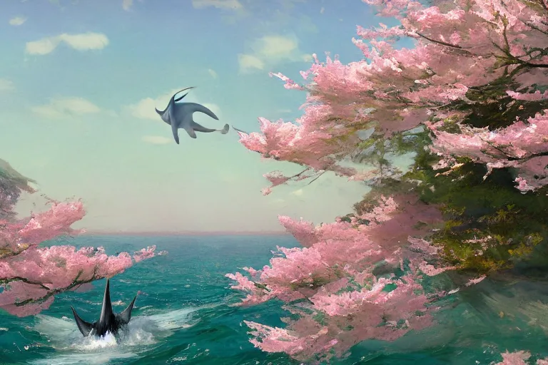 Prompt: narwhal jumping out the sea, sakura trees, sakura season dynamic lighting, landscape, artwork by jeremy lipkin and giuseppe dangelico pino and michael garmash and rob rey and greg manchess and huang guangjian and makoto shinkai, pixiv, 1 0 0 mm