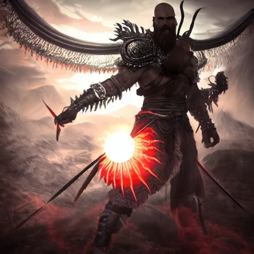 Prompt: an ultra detailed 3 d render of the sun tzu dressed like kratos as an elden ring boss, epic anime fantasy, 8 k, in the style of a fantasy metal album cover and magic the gathering, volumetric lighting, smooth, highly detailed, digital illustration, octane render, art by albert bierstadt and greg rutkowsi, artstation