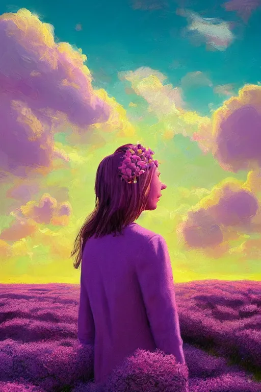 Image similar to portrait, giant lilac flower as head, girl in heather field, surreal photography, golden hour, colorful clouds, impressionist painting, digital painting, artstation, simon stalenhag