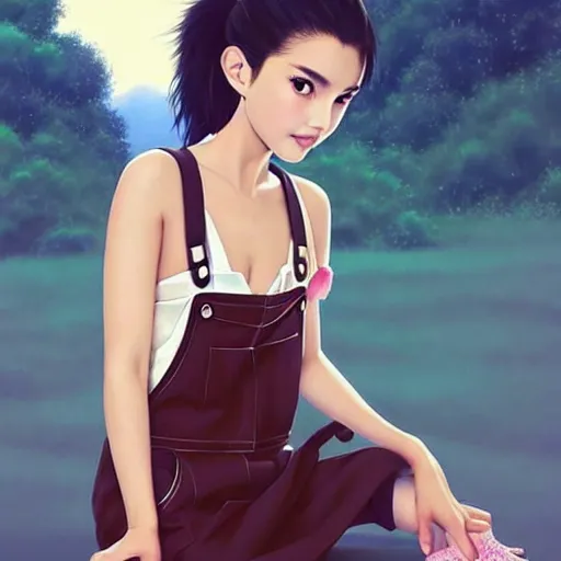 Image similar to a beautiful young japanese natalie portman alluring gravure model, wearing elegant designer overalls, elegant overalls with mesoamerican patterns, mesoamerican native street fashion, princess mononoke, by and wlop and ilya kuvshinov and artgerm and, aesthetic, gorgeous, stunning, alluring, attractive, artstation, pinterest, digital art