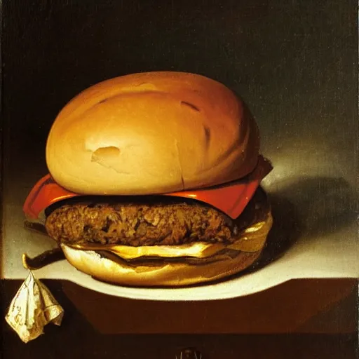 Image similar to a man, hamburger and french fried in still life. dutch masters, 1 8 th century, oil on canvas