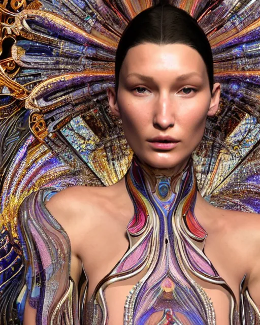 Image similar to a highly detailed metahuman 8 k close up render of bella hadid as alex grey art renaissance in iris van herpen dress schiaparelli in diamonds crystals swarovski and jewelry iridescent in style of alphonse mucha gustav klimt trending on artstation made in unreal engine 4