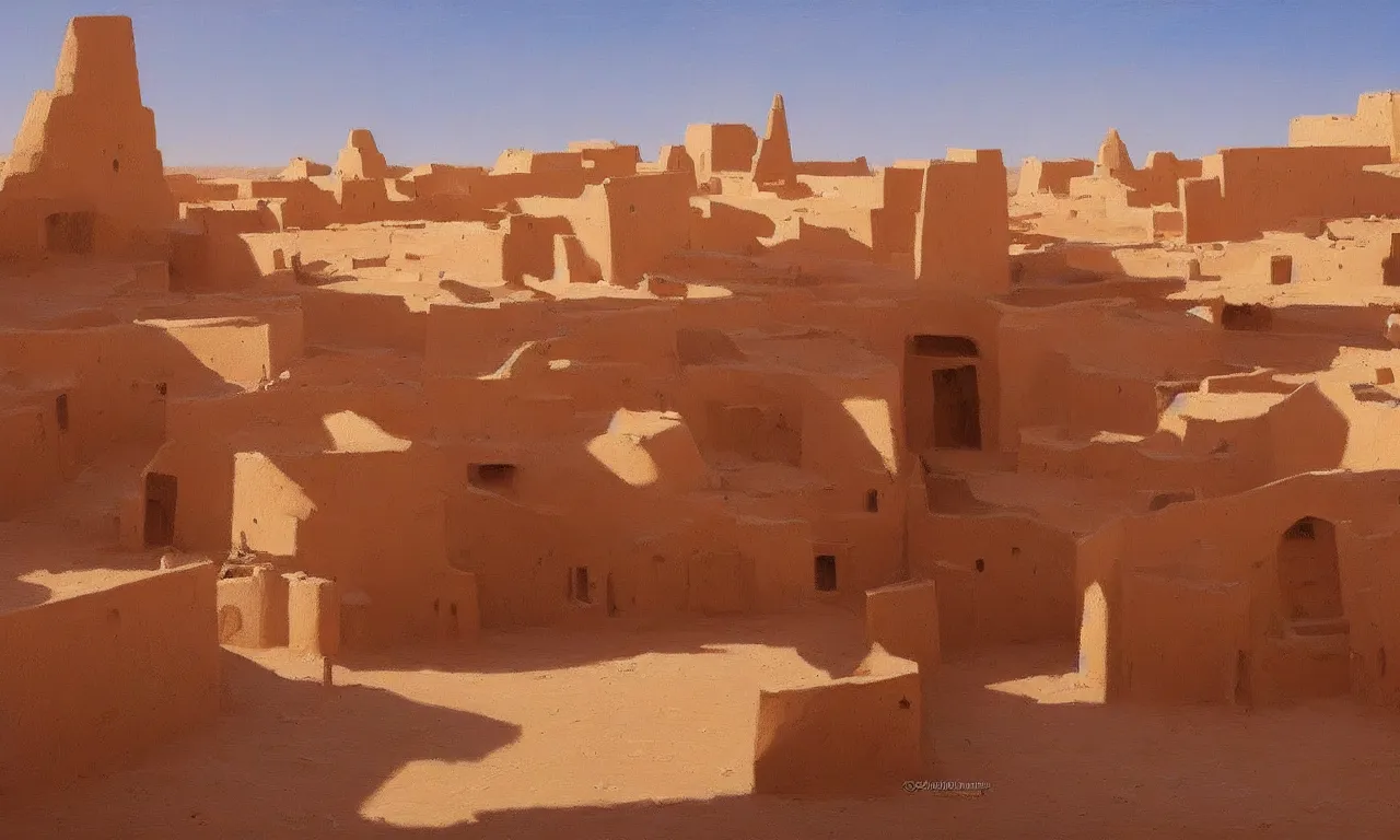 Image similar to a beautiful ghardaia landscape, concept art, intricate detail, volumetric shadows and lighting, realistic oil painting,
