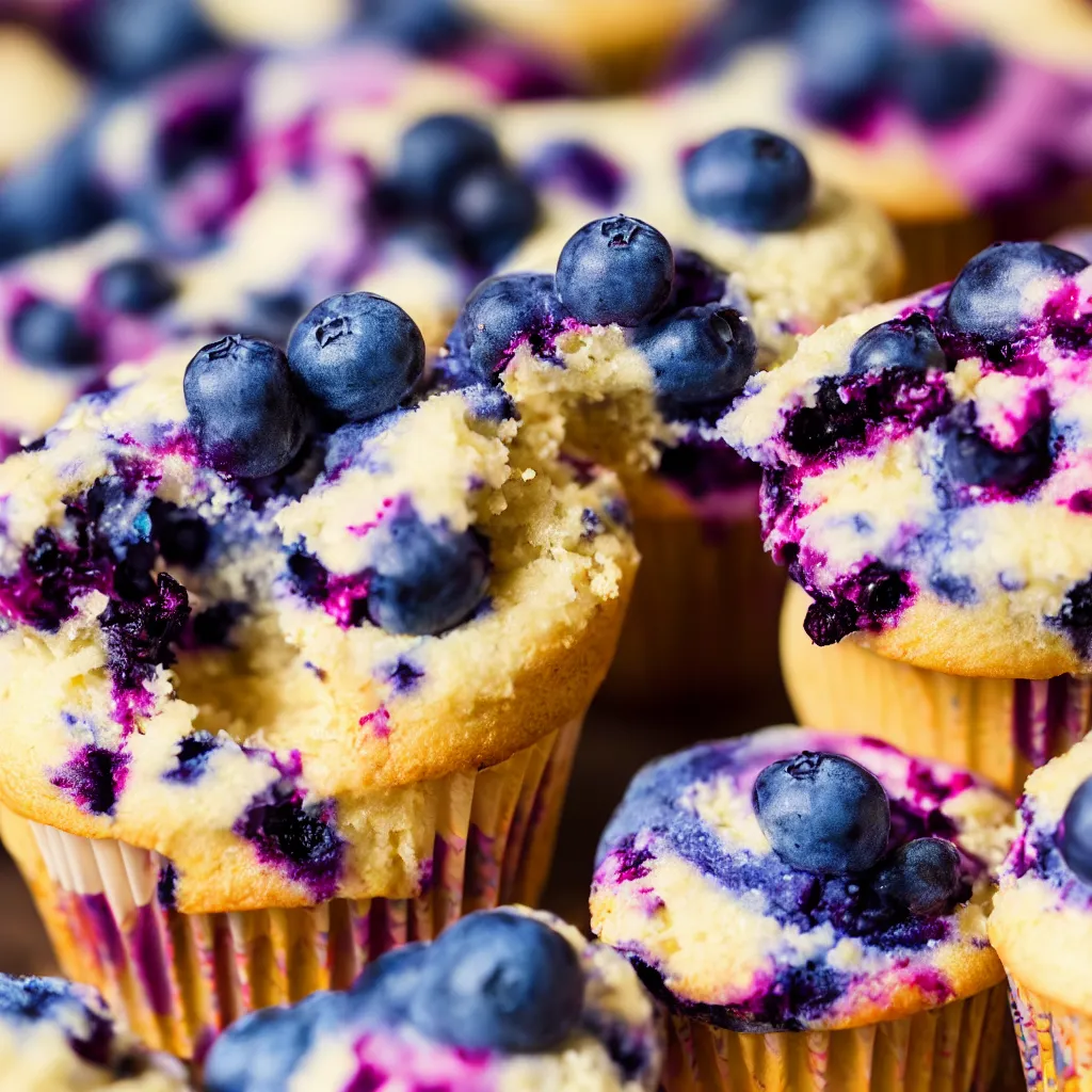 Prompt: colourful macro photo of blueberry cupcakes, photorealistic, dynamic lighting, bokeh, Canon 85mm vintage lens