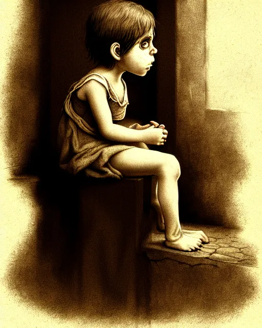 Image similar to creepy child, hopelessness, staring out, sepia, victorian, poor, ultra realistic, concept art, intricate details, cinematic, highly detailed