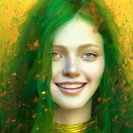 Image similar to Highly detailed painting of a beautiful young woman with long red hair, smiling by Craig Mullins and Ross Tran, Green dress, Golden Background, Fabric texture, Golden thread, intricate patterns, Trending on artstation, pinterest, cgsociety, 4k, 8k, HDR, award winning, unreal engine