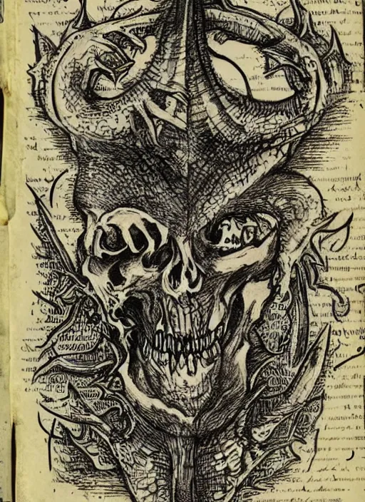 Image similar to a full page scan of handwritten evil spells, illustrated, intricate writing, knives made of human bones, satanic, evil, grimoire page, necronomicon style