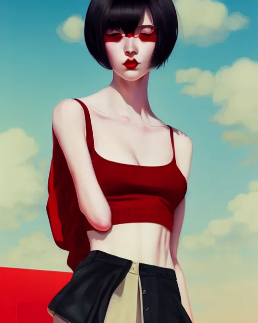 Image similar to a full body portrait of pale skin beauty in mini skirt and crop top, black hair, red lips, digital painting by ilya kuvshinov and ross tran and karol bak and stanley lau and anna dittmann and artgerm and xiaoguang sun and tian zi