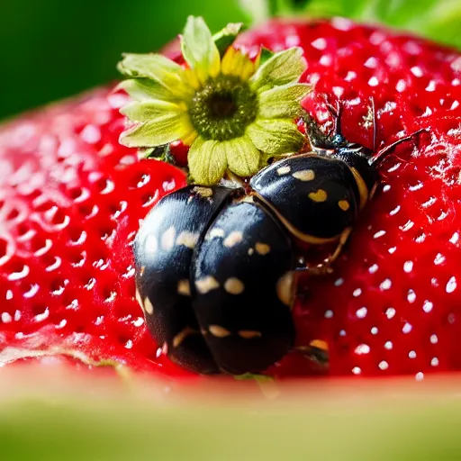 Image similar to professional photography of a Lady bug on a strawberry, bokeh, 8k