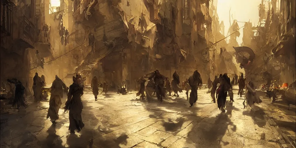 Prompt: highly realistic concept art, anders zorn, craig mullins, rutkowski, dramatic light, in the streets of the bustling city of ancient cairo