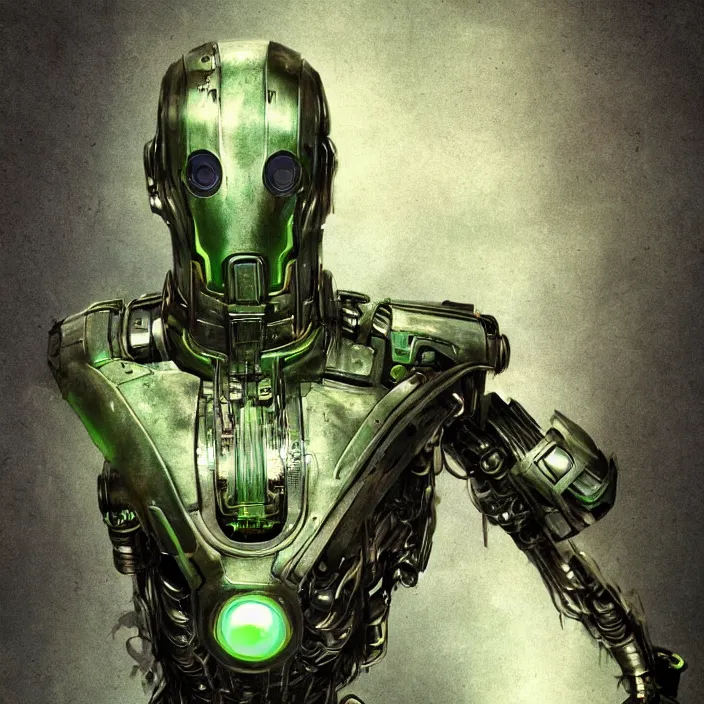 Prompt: portrait of a green Ultron from Age of Ultron, clockwork steampunk, head and chest only, techno dieselpunk background texture, by Beksinski, 4k, deviantart, trending on artstation