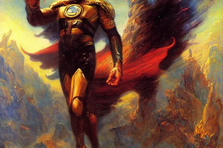 Image similar to portrait of omni - man conquering a planet. art by gaston bussiere.