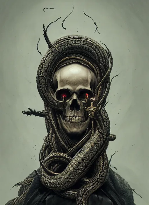 Image similar to A fancy portrait of a skull wrapped in snakes by Greg Rutkowski, Sung Choi, Mitchell Mohrhauser, Maciej Kuciara, Johnson Ting, Maxim Verehin, Peter Konig, Bloodborne, 8k photorealistic, cinematic lighting, HD, high details, dramatic, atmospheric , trending on artstation