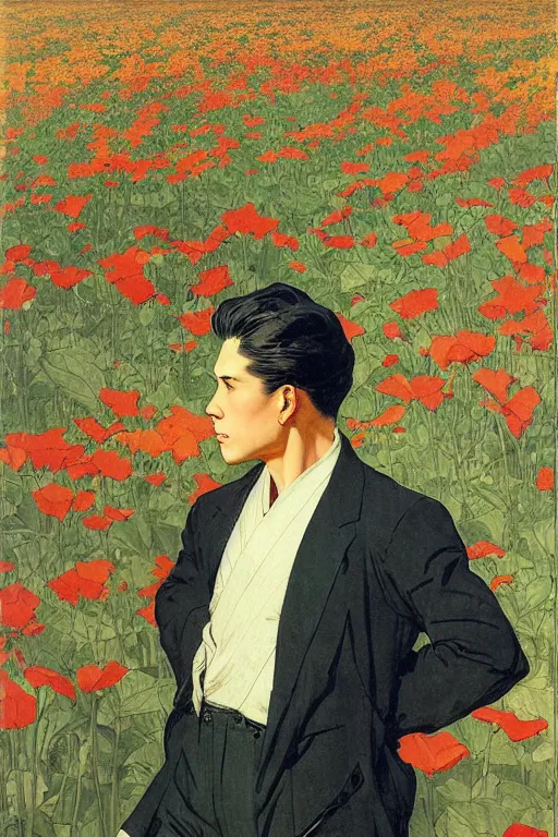 Image similar to attractive man in flower field, painting by j. c. leyendecker, yoji shinkawa, katayama bokuyo