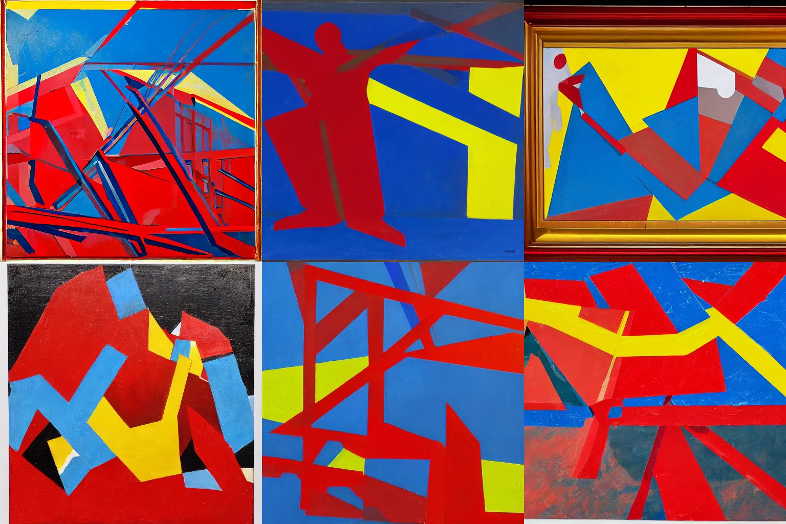 Prompt: russian deconstructivist painting in red, yellow, and blue