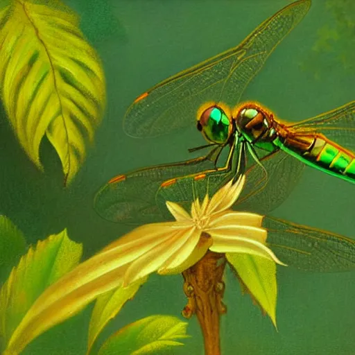 Image similar to emerald dragonfly close-up, Art by william adolphe bouguereau. During golden hour. Extremely detailed. Beautiful. 4K. Award winning.