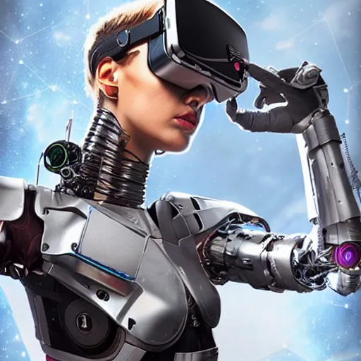 Image similar to portrait of a female cyborg character, chrome, vr headset, wires, side profile, in style of a magic the gathering trading card with high details