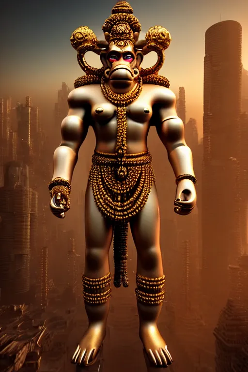 Prompt: high quality 3 d render neo - baroque cyborg hanuman! with gold nose piercings, cyberpunk highly detailed, mumbai in the background, unreal engine cinematic smooth, in the style of solaris, hannah yata charlie immer, moody light, low angle, uhd 8 k, sharp focus