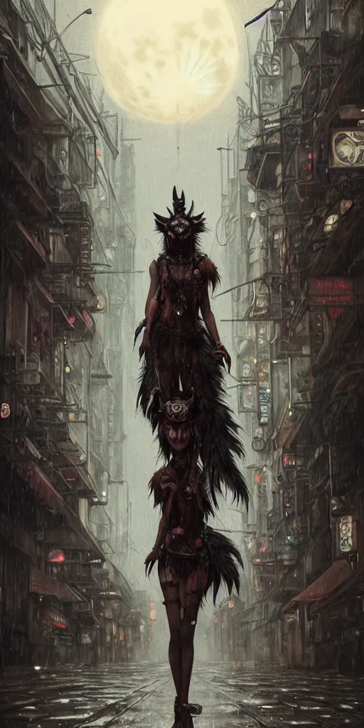 Image similar to hyper realistic Princess Mononoke, ornate mask, wet market street, rainy atmosphere, full moon, cyberpunk metropolis, city landscape, jewels, full body pose, wolves, style of tom bagshaw, mucha, james gurney, norman rockwell, denoised, sharp