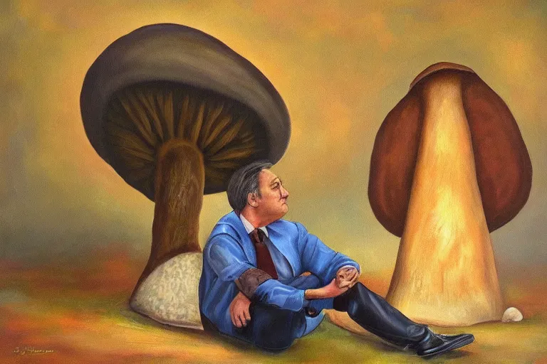 Image similar to sad orban viktor sitting under a big mushroom, surreal oil painting