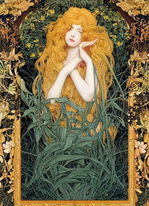 Image similar to masterpiece beautiful seductive flowing curves preraphaelite face portrait photography, extreme close up shot, straight bangs, thick set features, yellow ochre ornate medieval dress, miho hirano, amongst foliage mushroom forest circle arch, william morris and kilian eng and mucha, framed, 4 k