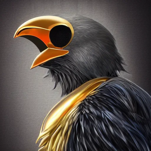 Image similar to a cybernetic anthropomorphic crow, golden metal, 4K