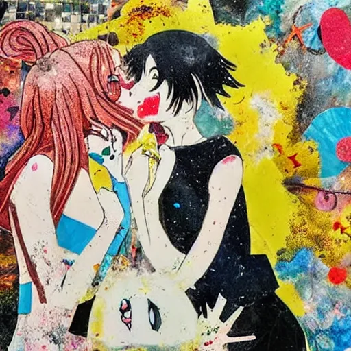 Image similar to two anime women kissing at a carnival, mixed media collage, retro, paper collage, magazine collage, acrylic paint splatters, bauhaus, abstract claymation, layered paper art, sapphic visual poetry expressing the utmost of desires by jackson pollock