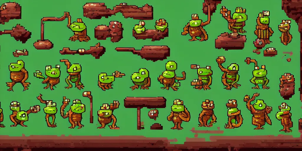 Prompt: game asset, concept art of frog people, high quality pixel art, rpg, very coherent and colourful high contrast masterpiece.