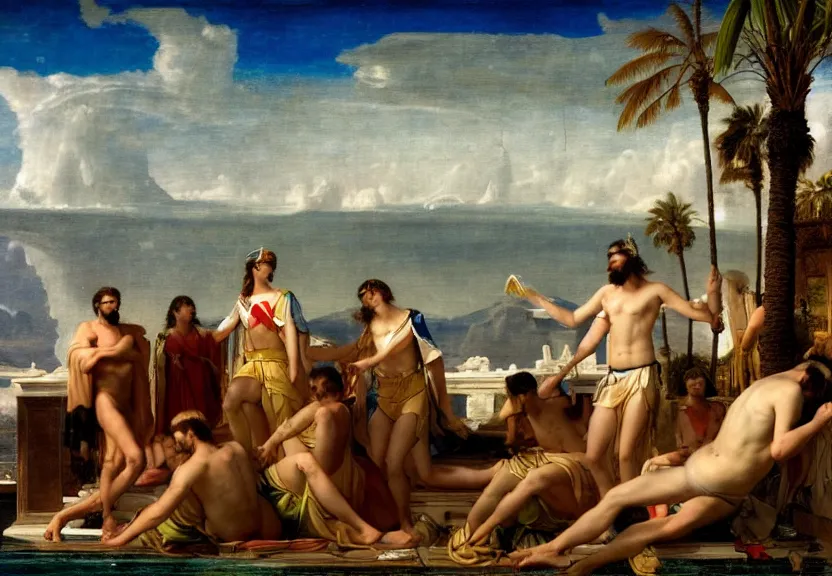 Prompt: Palace floating in the sky, caravels, thunderstorm, greek pool, beach and palm trees on the background major arcana sky, by paul delaroche, hyperrealistic 4k uhd, award-winning, very very very detailed