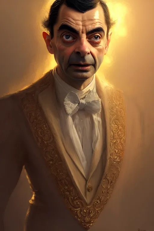 Image similar to highly detailed portrait of an elegant mr bean, ornate crown, beautiful symmetrical face, glowing skin, digital painting, artstation, concept art, smooth, clear focus, illustration, greg rutkowski, artgerm, global lighting, detailed and fantasy