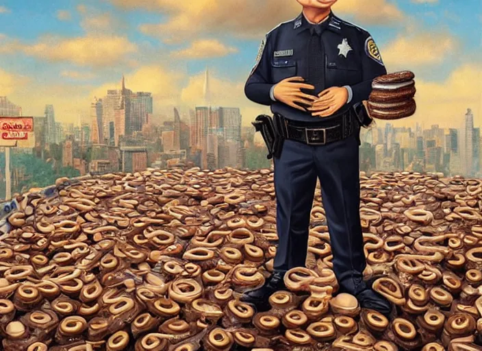 Prompt: a cop made of donuts, lowbrow, matte painting, 3 - d highly detailed, in the style of mark ryden,