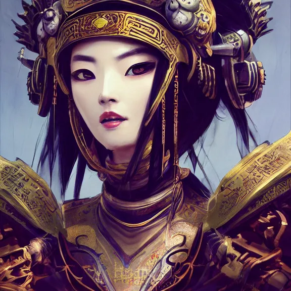 Image similar to ancient chinese princess with steampunk mask, dynasty warriors, headshot, holy, unreal engine, 8 k, blue color scheme, headshot, highly detailed, smooth, ink painting, artstation, concept art, in style of yoji shinkawa, pan ren wei, col price, atey ghailan, by greg rutkowski, aesthetic