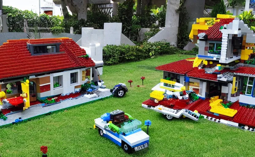 Prompt: a crashed villa made out of lego, pieces of lego laying on the lawn