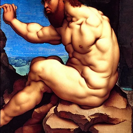 Prompt: shirtless, mountain man physicist with hairy chest, oil painting by michelangelo