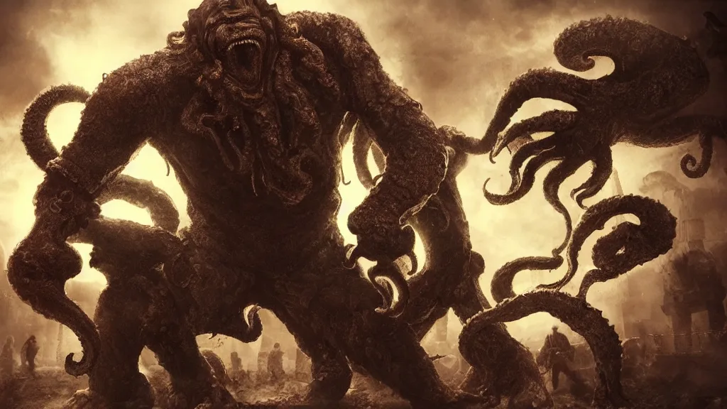 Image similar to chuck norris Fight with the giants cthulhu, cgi, trending artstation