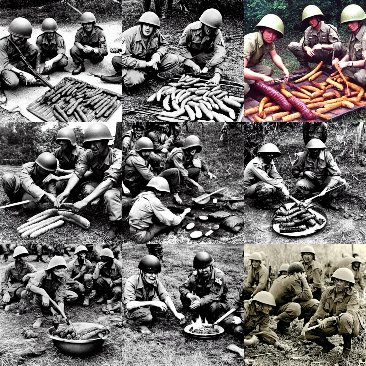 Prompt: soldiers roasting weenies in the middle of the vietnam war battle