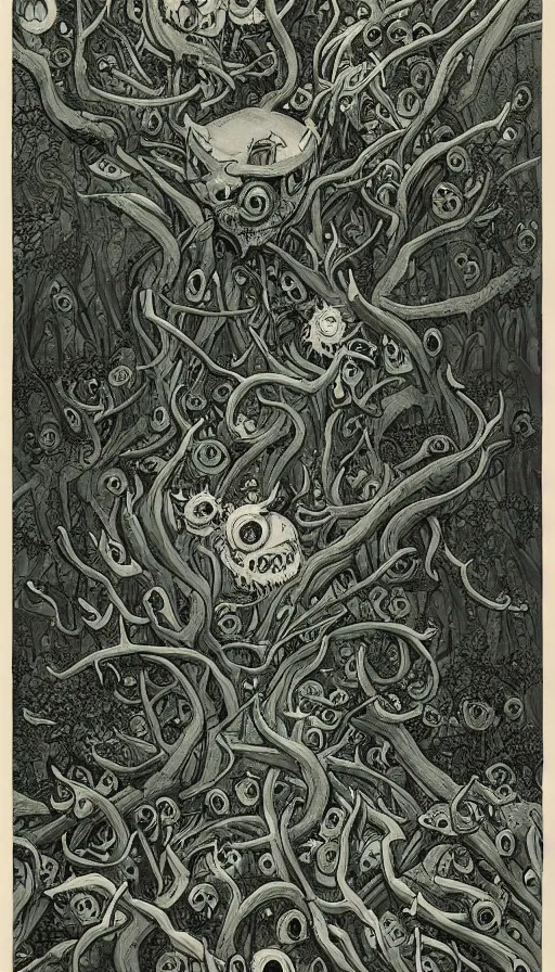 Image similar to a storm vortex made of many demonic eyes and teeth over a forest, by james jean