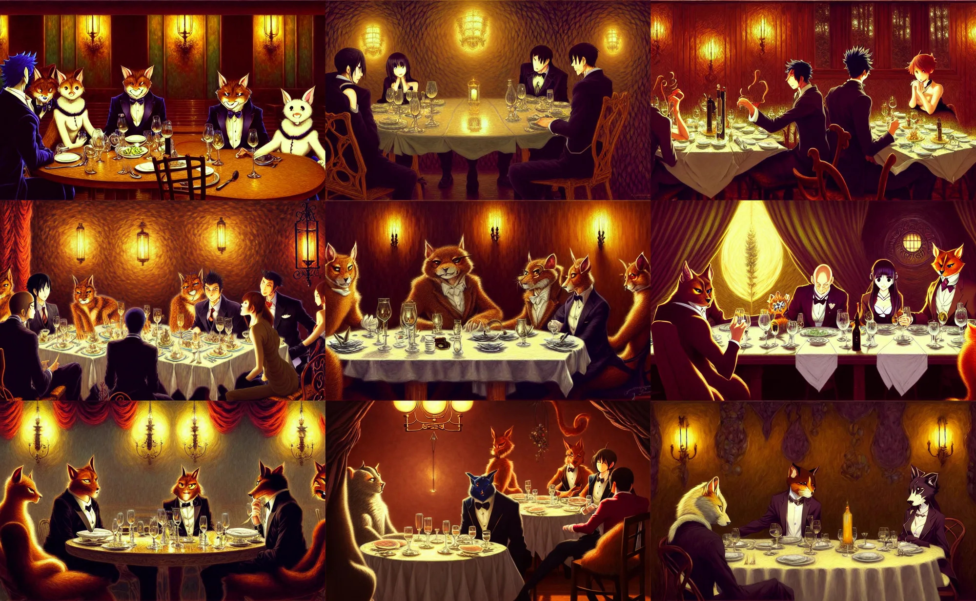 Prompt: a romantic dinner date fancy restaurant scene, but it's all furry anthro fursonas, anime manga drawing in the style of beastars. trending on pixiv and artstation. absurdly - detailed oil painting, by james gurney, dan mumford, wayne reynolds, ron spencer, gustave dore, charles monet