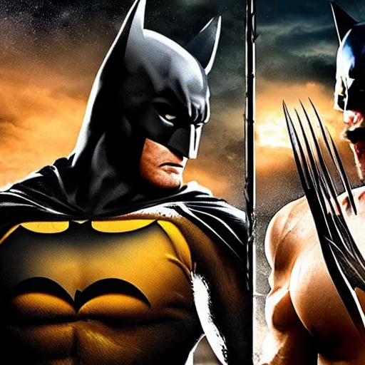 Prompt: epic awe inspiring photorealistic Batman VS Wolverine movie poster 8k hdr